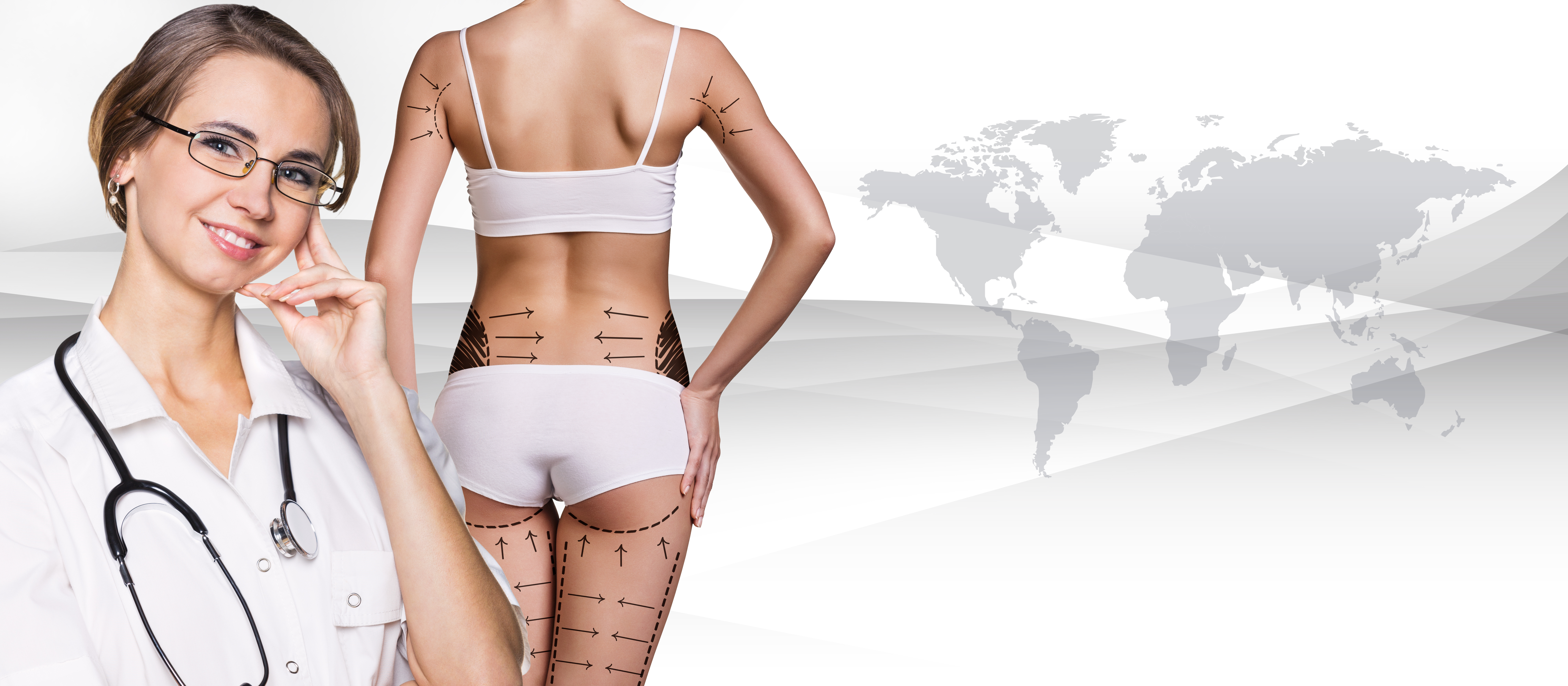 doctor and patient with plastic surgery details on her body with a background map